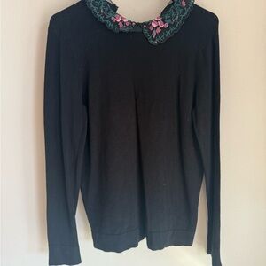 IVANKA TRUMP Black Sweater Embroidered Floral Peter Pan Collar Women's M